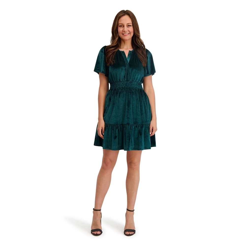 French Connection Dress Womens L Green Velvet Puff Sleeve Fit & Flare Mini fairy